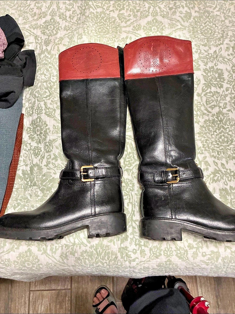 Tory Burch F460 Over the Knee Leather Boots Black & Burgundy US 51/2